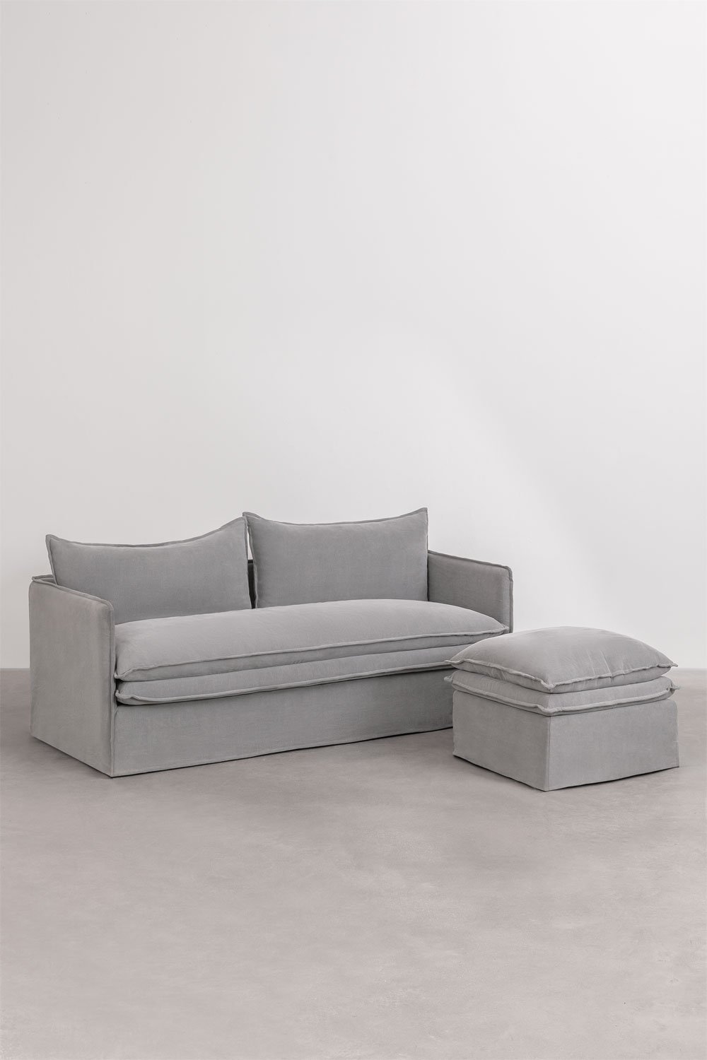 Set da soggiorno Grace in lino e cotone con divano 3 posti e pouf