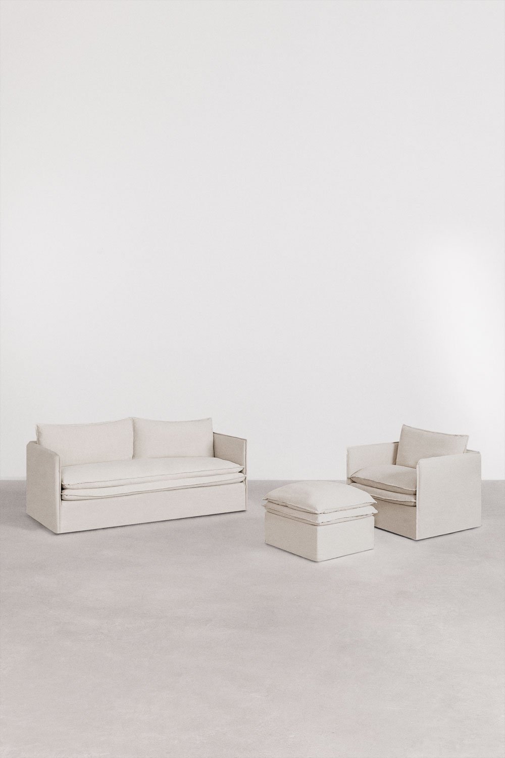 Set da soggiorno Grace in lino e cotone con divano 3 posti, poltrona e pouf