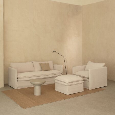 Set da soggiorno Grace in lino e cotone con divano 3 posti, poltrona e pouf