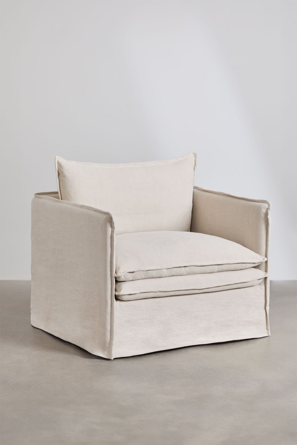 Set da soggiorno Grace in lino e cotone con divano 3 posti, poltrona e pouf