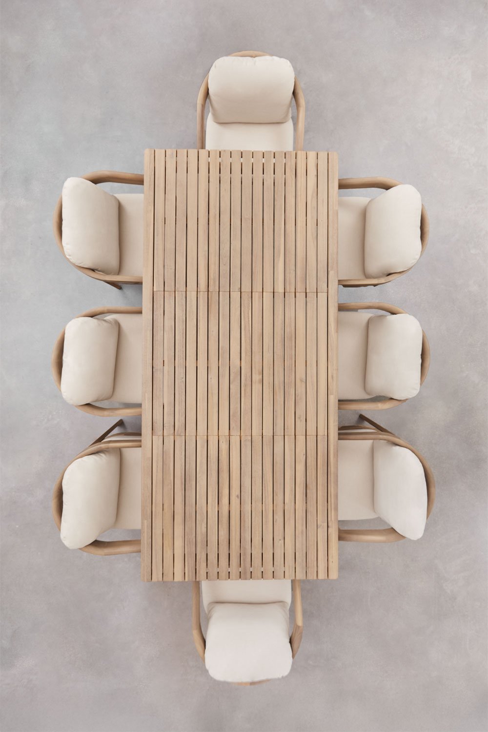 Set tavolo rettangolare 220x100 cm in legno di acacia Kaela e 8 sedie da giardino in legno di acacia Uleno