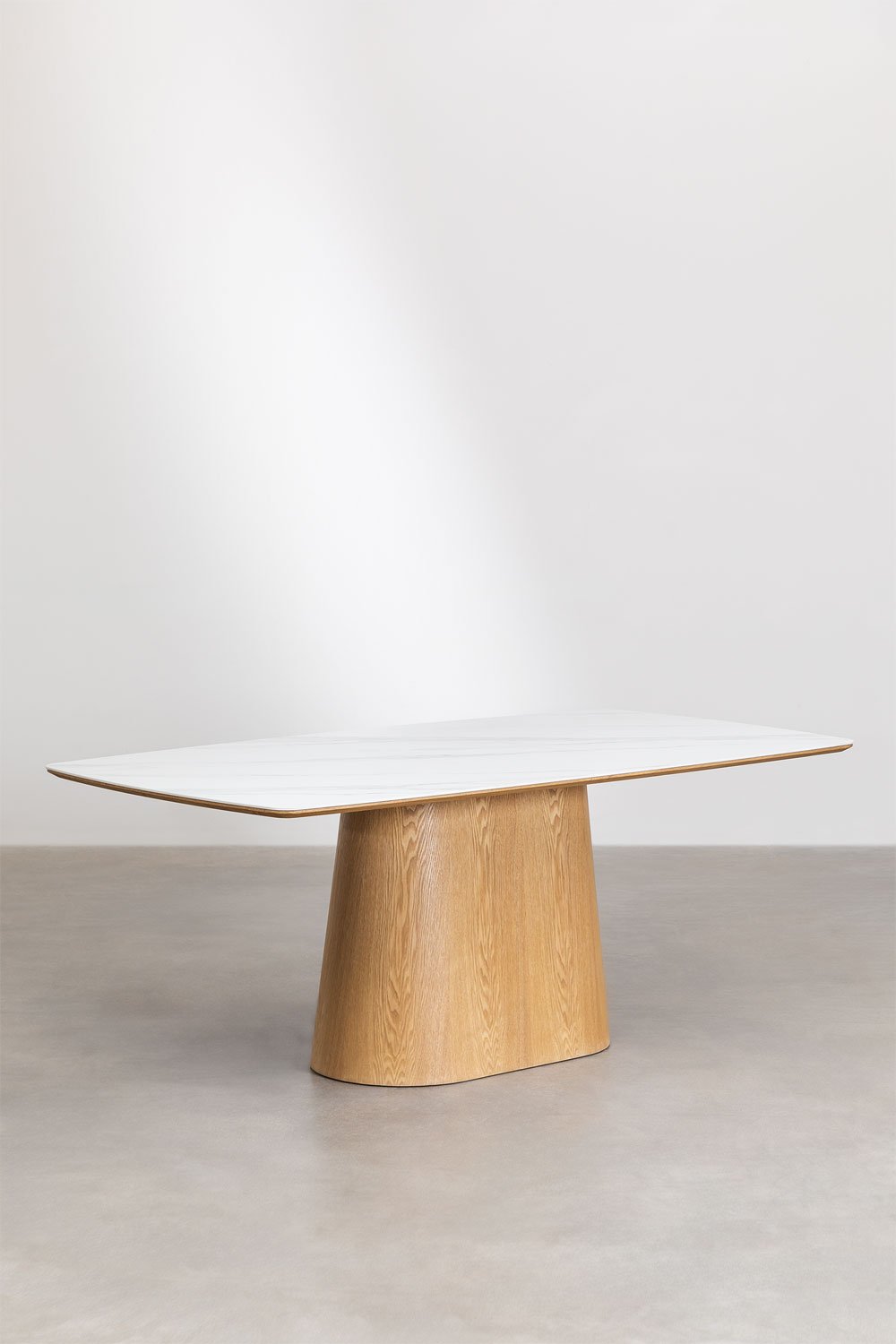 Set tavolo rettangolare impiallacciato in ceramica (200x100 cm) Aura e 8 sedie da pranzo in legno di frassino e tessuto Leo bouc
