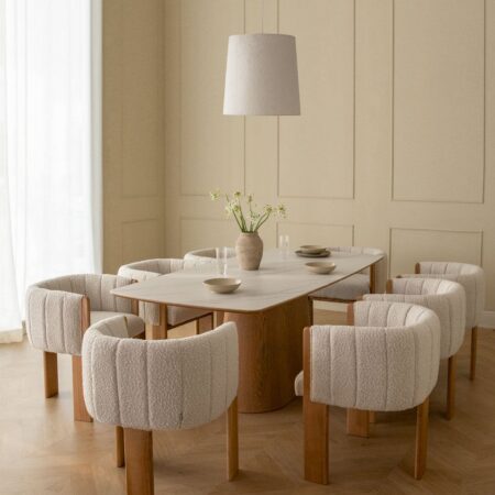Set tavolo rettangolare impiallacciato in ceramica (200x100 cm) Aura e 8 sedie da pranzo in legno di frassino e tessuto Leo bouc