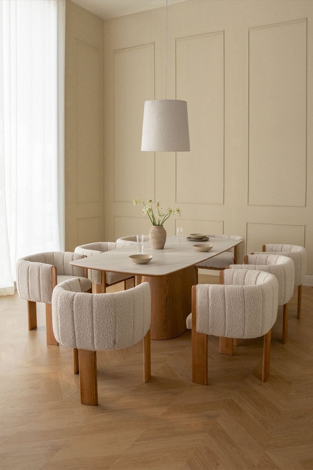 Set tavolo rettangolare impiallacciato in ceramica (200x100 cm) Aura e 8 sedie da pranzo in legno di frassino e tessuto Leo bouc