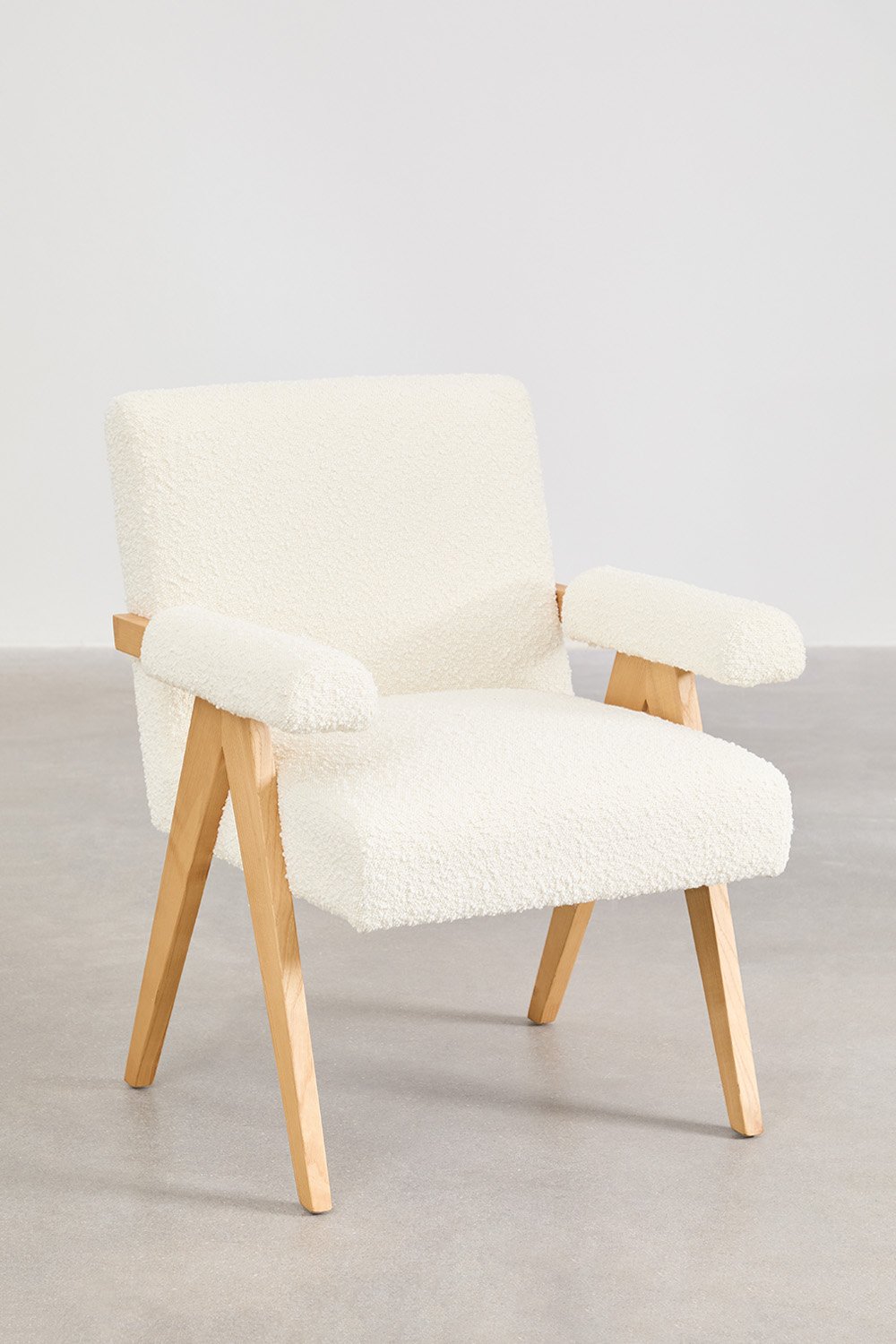 Set da tavola rotonda Ø120 cm in impiallacciatura di frassino Aura e 4 sedie da pranzo in legno e tessuto bouclé Lucca