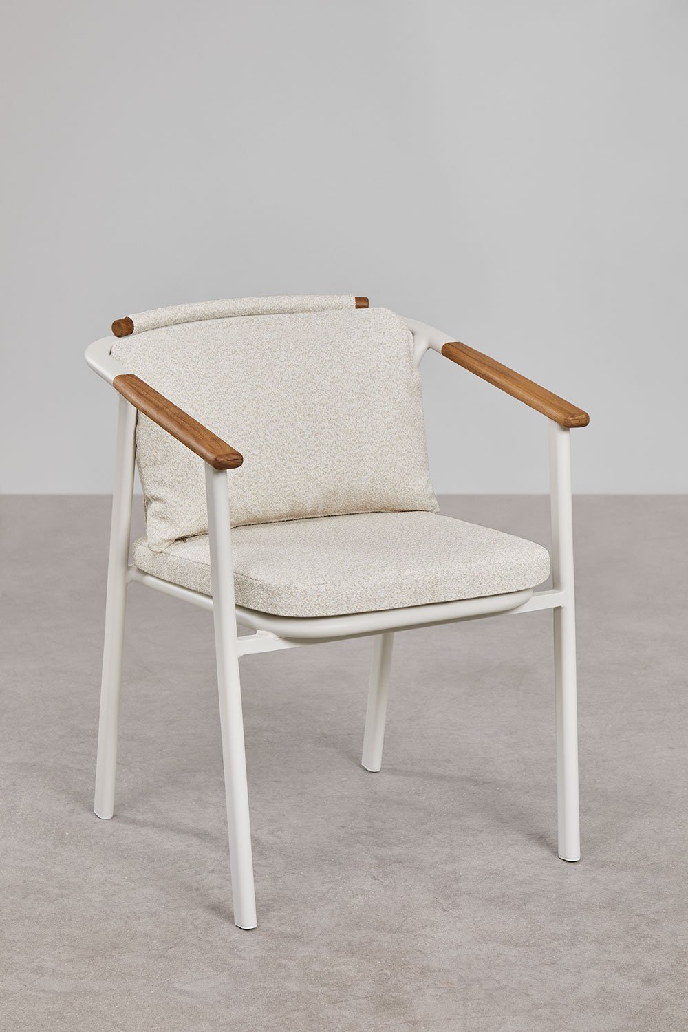Set da tavolo ovale Taneli, 260x110 cm, in alluminio e legno di teak, e 10 sedie da giardino Yervin, in alluminio e tessuto bouc