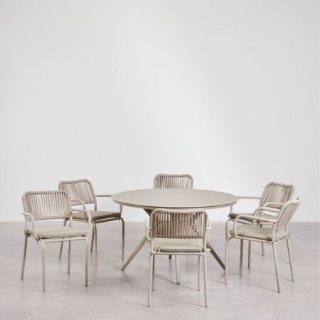 Set tavolo rotondo Ø125 cm Valerie e 6 sedie da giardino impilabili con braccioli in alluminio Arhiza