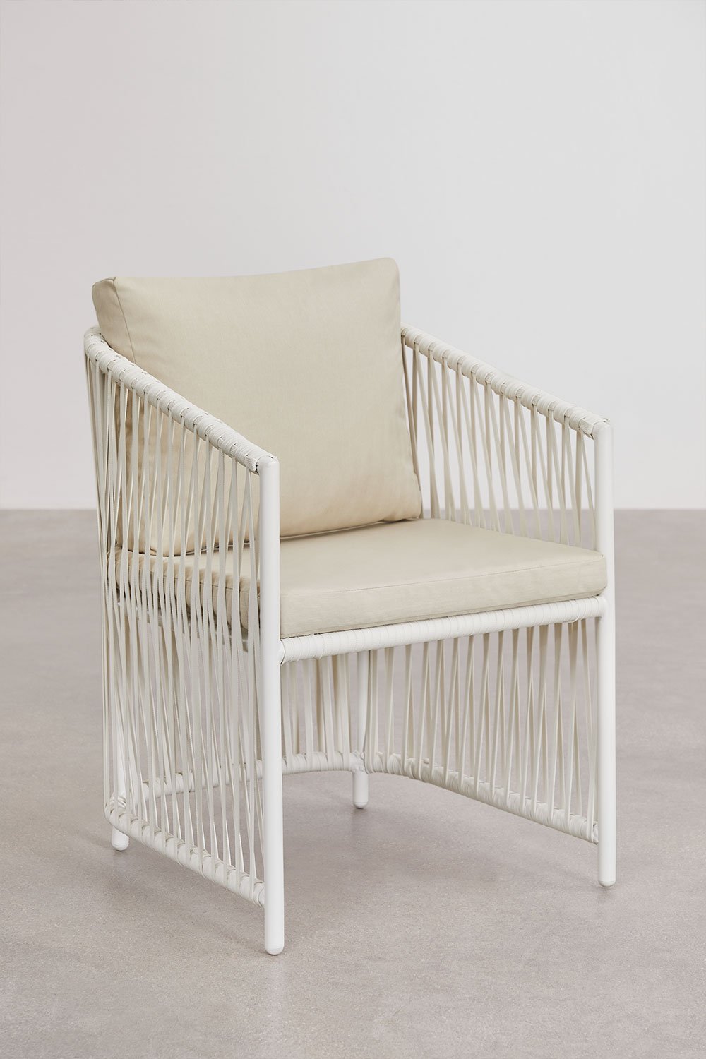 Set da tavolo ovale Taneli, 260x110 cm, in alluminio e legno di teak, e 10 sedie da giardino Sophie, in alluminio e corda intrec