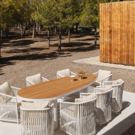 Set da tavolo ovale Taneli, 260x110 cm, in alluminio e legno di teak, e 10 sedie da giardino Sophie, in alluminio e corda intrec