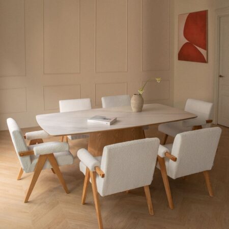 Set da tavola rettangolare 200x100 cm con impiallacciatura in ceramica Aura e 6 sedie da pranzo in legno e tessuto bouclé Lucca