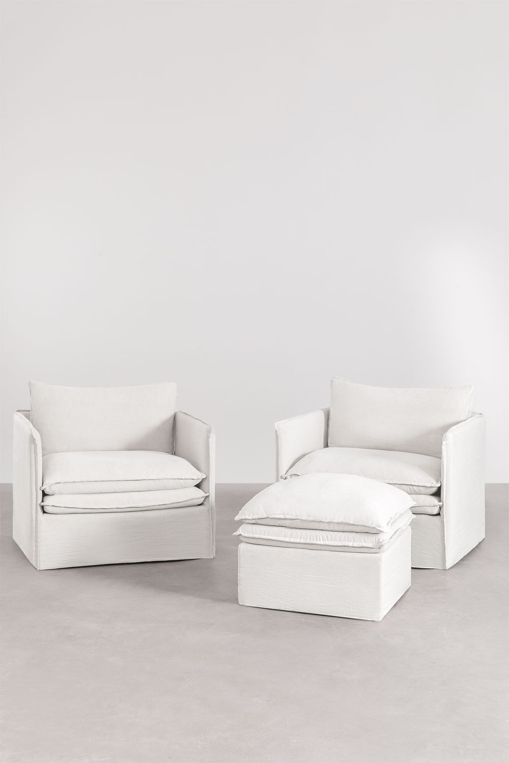 Set lounge Grace in lino e cotone con 2 poltrone e puff