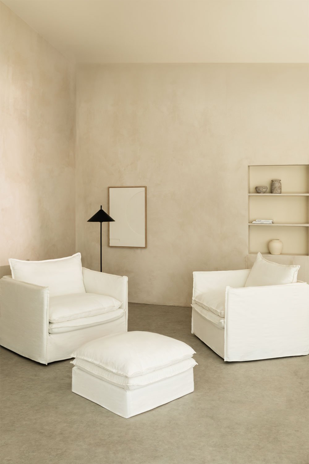 Set lounge Grace in lino e cotone con 2 poltrone e puff