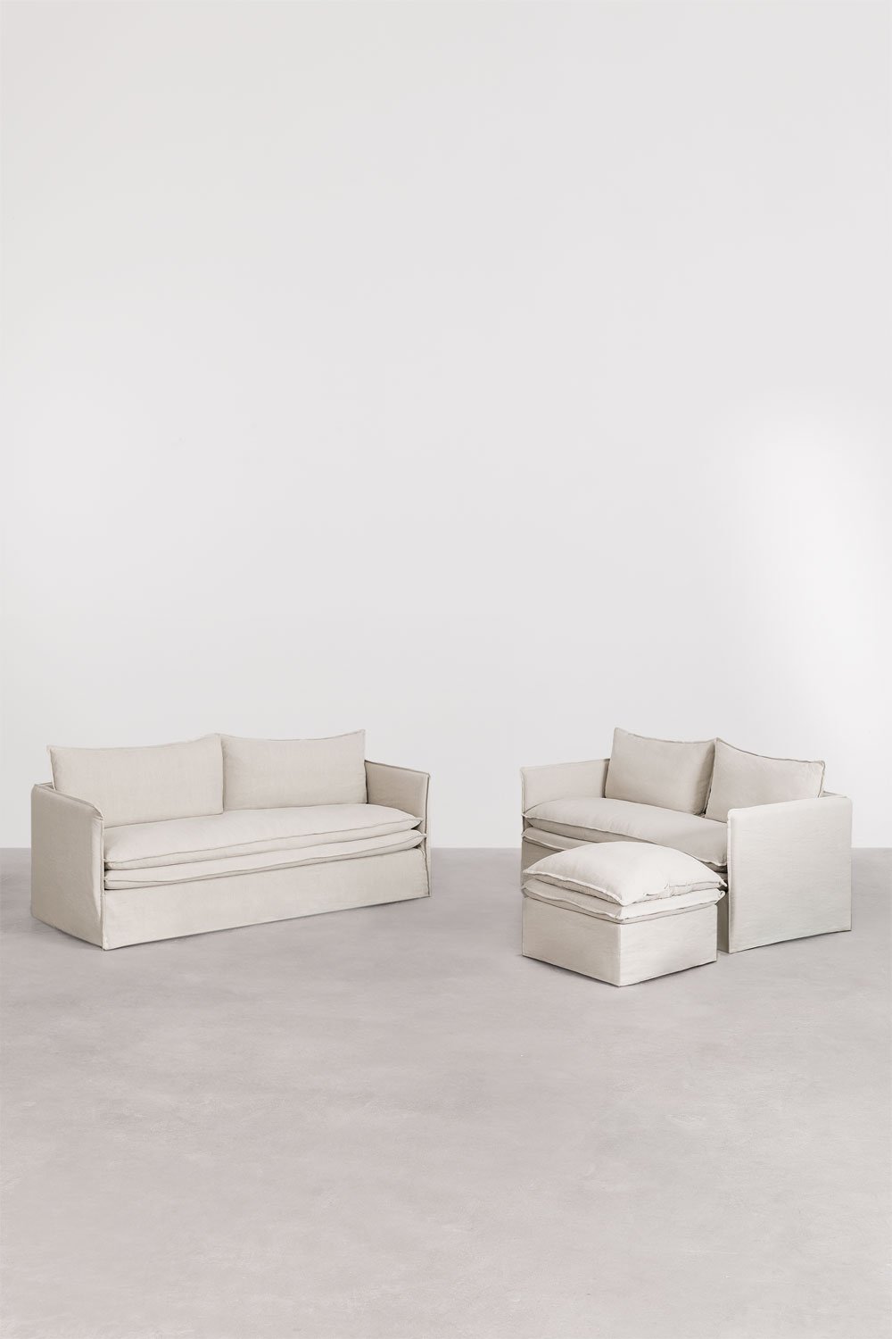 Set soggiorno con divano 2 posti, divano 3 posti e pouf in lino e cotone Grace