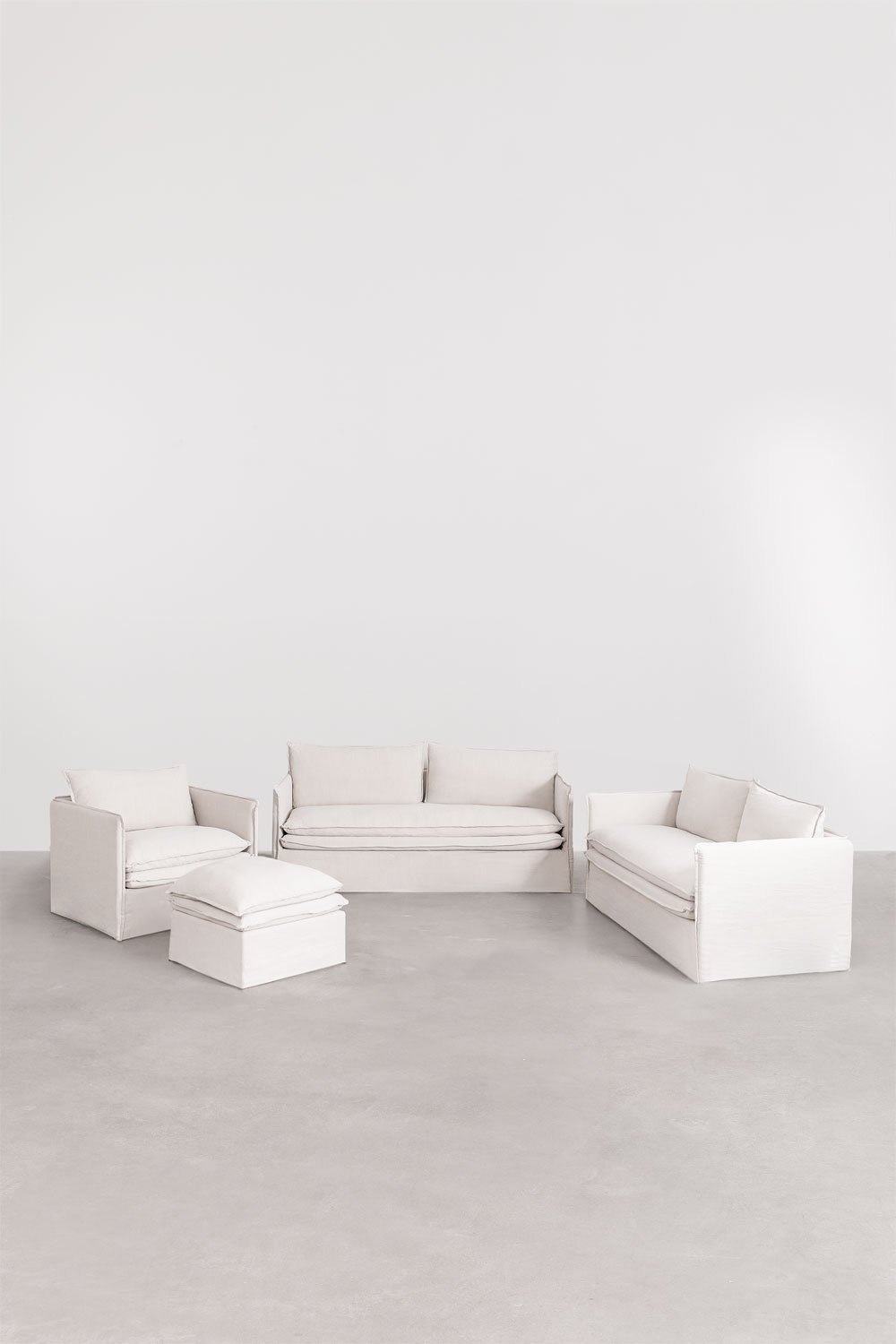 Set soggiorno con divano 2 posti, divano 3 posti, poltrona e pouf in lino e cotone Grace