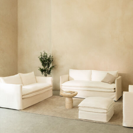Set soggiorno con divano 2 posti, divano 3 posti, poltrona e pouf in lino e cotone Grace