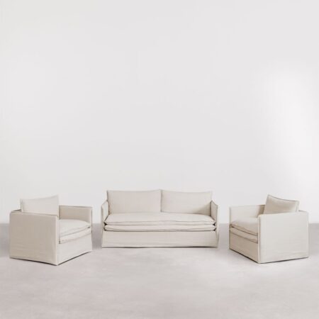 Set soggiorno con divano 3 posti e 2 poltrone in lino e cotone Grace