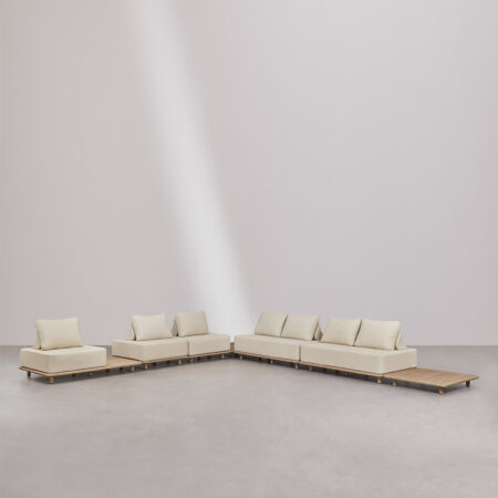 Set soggiorno con divano angolare componibile 5 pezzi con tavolino laterale e tavolino laterale 95x95 cm in acacia Portet