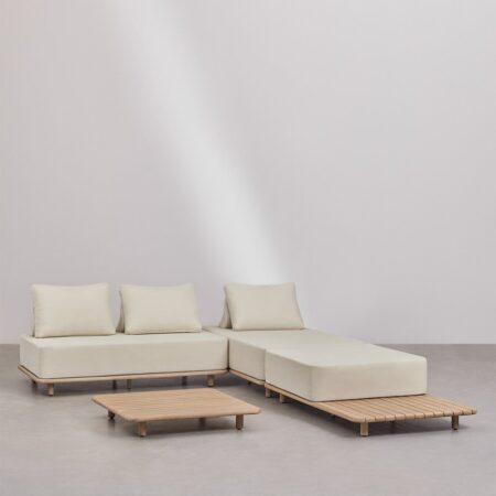Set soggiorno con divano chaise longue modulare 3 pezzi con tavolino laterale e tavolino basso 95x95 cm in acacia Portet