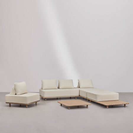 Set soggiorno con divano componibile 3 pezzi, chaise longue, tavolino, poltrona e tavolino 95x95 cm in acacia Portet