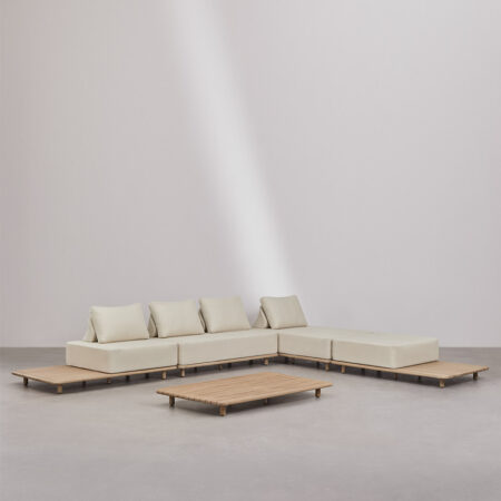Set soggiorno con divano componibile 4 pezzi chaise longue con tavolino laterale e tavolino basso 160x95 cm in acacia Portet