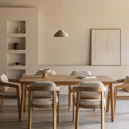 Set tavolo rettangolare 180x90 cm in legno di acacia Kaela e 6 sedie da pranzo in legno di acacia Uleno