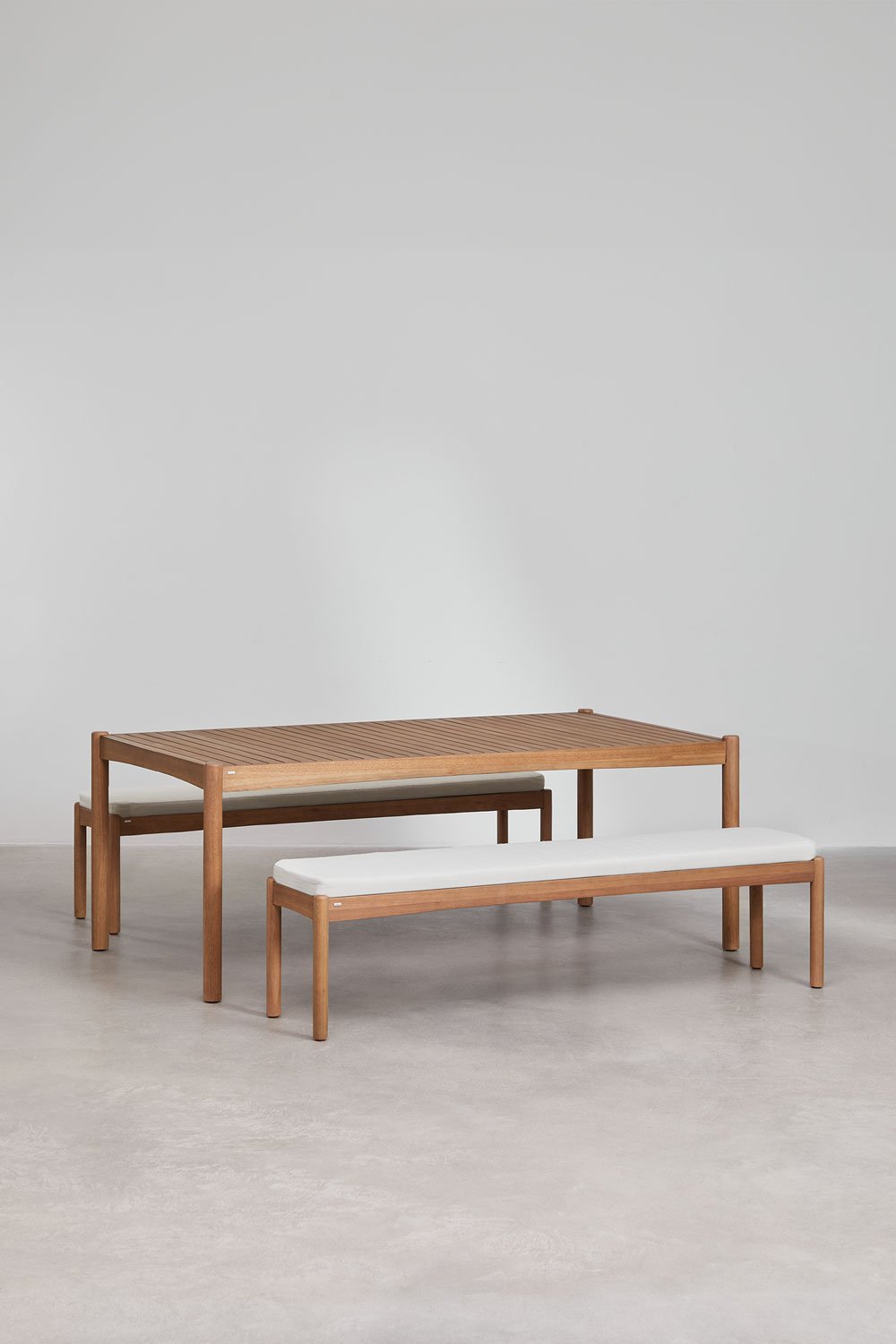 Set tavolo rettangolare (200x100 cm) e 2 ripiani da pranzo in legno di eucalipto Aderyn