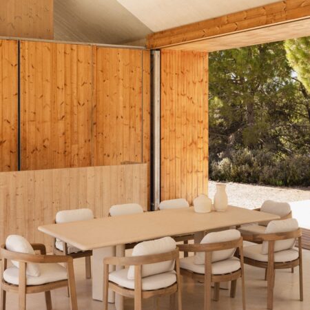 Set tavolo rettangolare 240x100 cm in cemento Chelsea e 8 sedie da giardino in legno di acacia Uleno