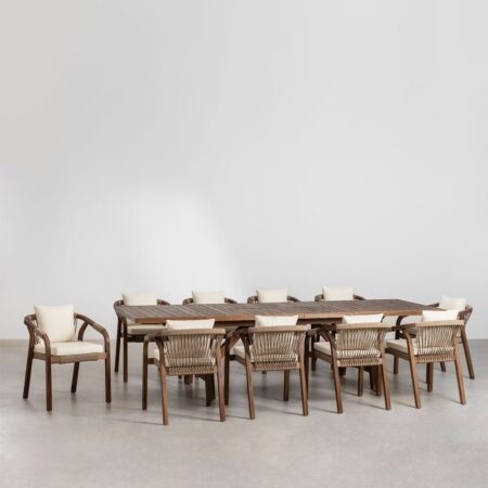 Set tavolo rettangolare allungabile 200-260-320x100 cm e 10 sedie da giardino con braccioli in legno di acacia Dubai