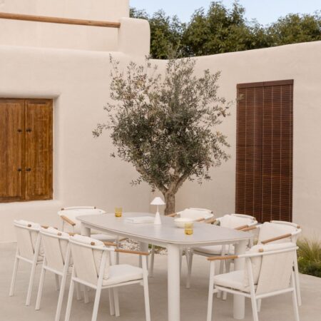 Set tavolo rettangolare allungabile 220-280x100 cm in ceramica Zinti e 8 sedie da giardino in alluminio e tessuto bouclé Yervin