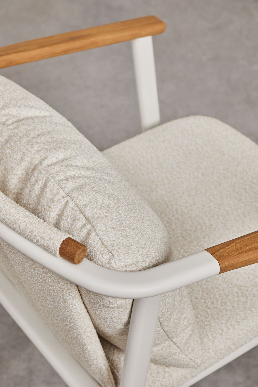 Set tavolo rettangolare allungabile 220-280x100 cm in ceramica Zinti e 8 sedie da giardino in alluminio e tessuto bouclé Yervin