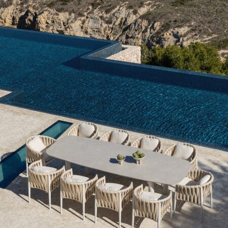 Set tavolo rettangolare estensibile 220-280x100 cm in ceramica Zinti e 10 sedie da giardino in alluminio e tessuto bouclé Sereil