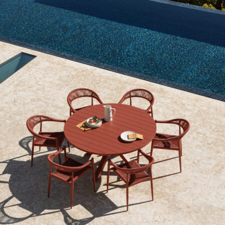 Set tavolo rotondo allungabile 145-200x145 cm Barces e 6 sedie da giardino impilabili con braccioli in alluminio Amatria