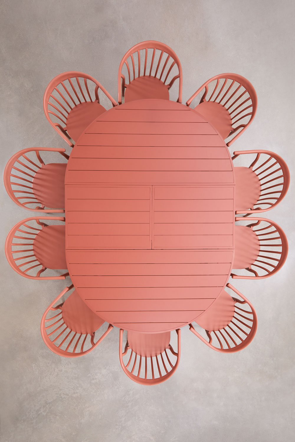 Set tavolo rotondo allungabile 145-200x145 cm in alluminio Barces e 10 sedie da pranzo impilabili con braccioli Ivor
