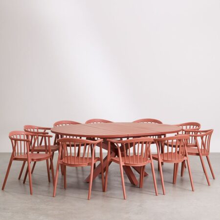 Set tavolo rotondo allungabile 145-200x145 cm in alluminio Barces e 10 sedie da pranzo impilabili con braccioli Ivor