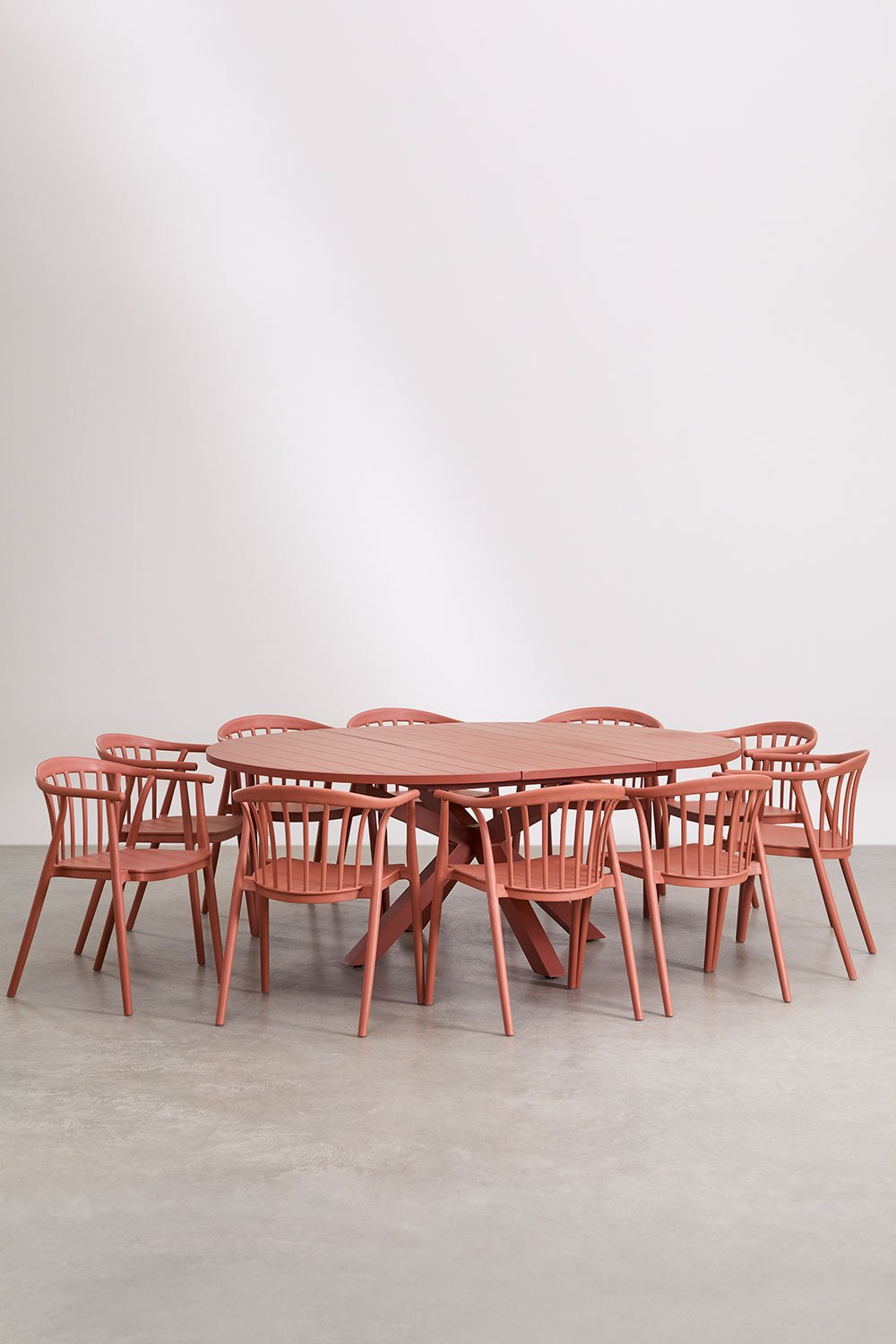 Set tavolo rotondo allungabile 145-200x145 cm in alluminio Barces e 10 sedie da pranzo impilabili con braccioli Ivor