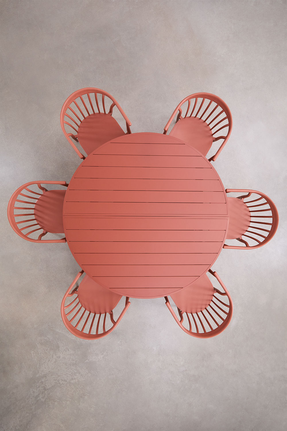 Set tavolo rotondo allungabile 145-200x145 cm in alluminio Barces e 6 sedie da pranzo impilabili con braccioli Ivor