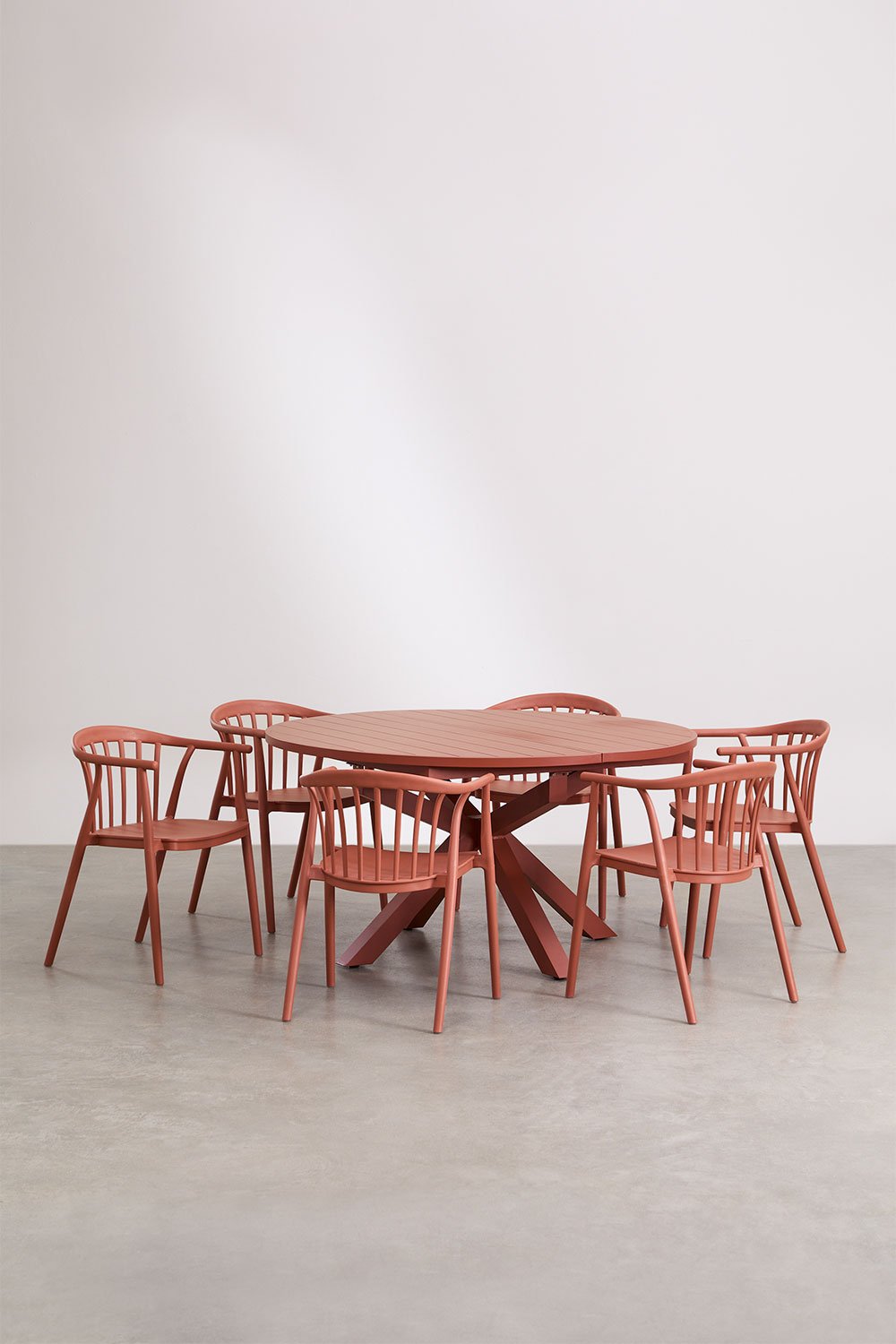 Set tavolo rotondo allungabile 145-200x145 cm in alluminio Barces e 6 sedie da pranzo impilabili con braccioli Ivor