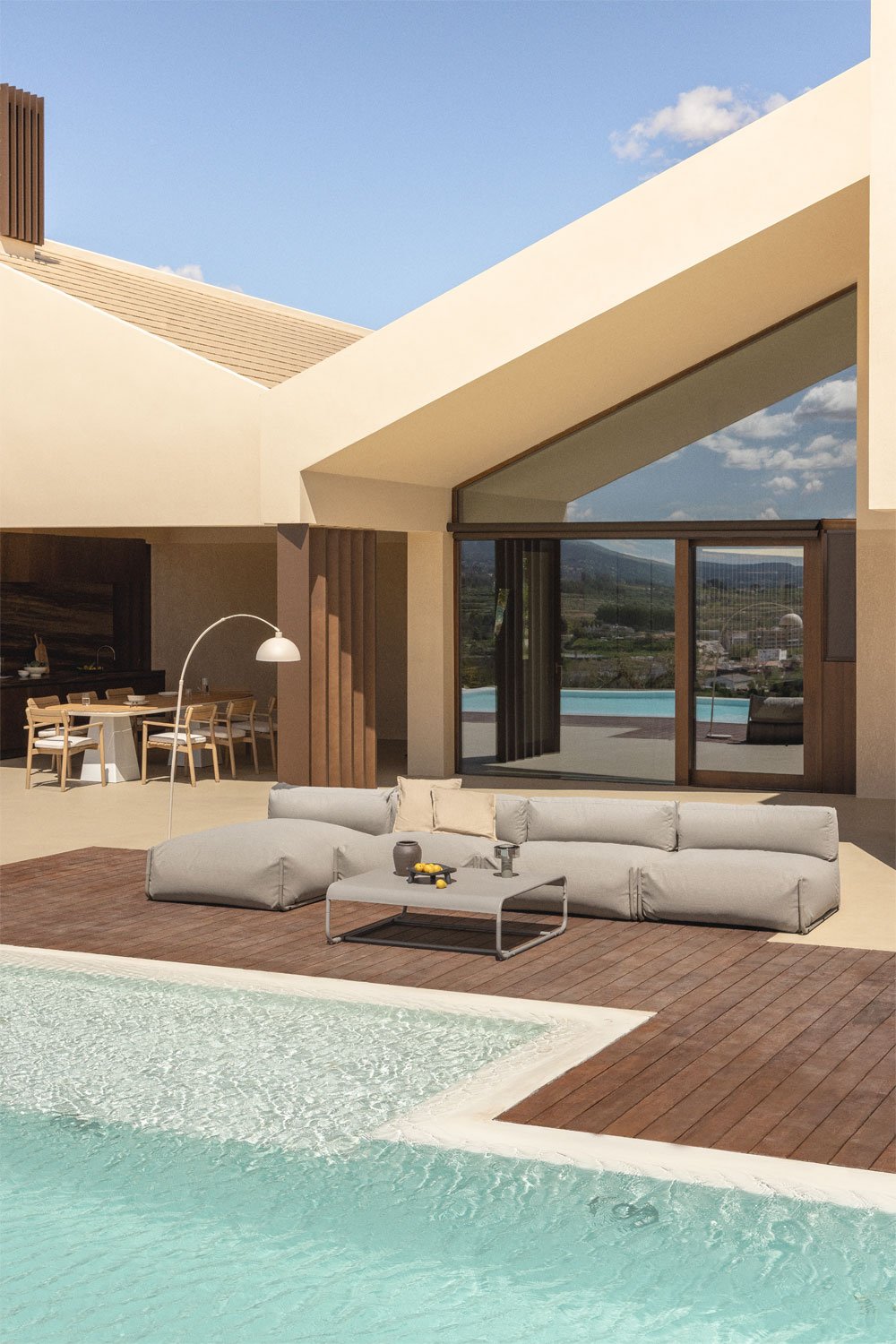 Set da giardino Porto con divano chaise longue modulare da 4 pezzi e tavolino da caffè