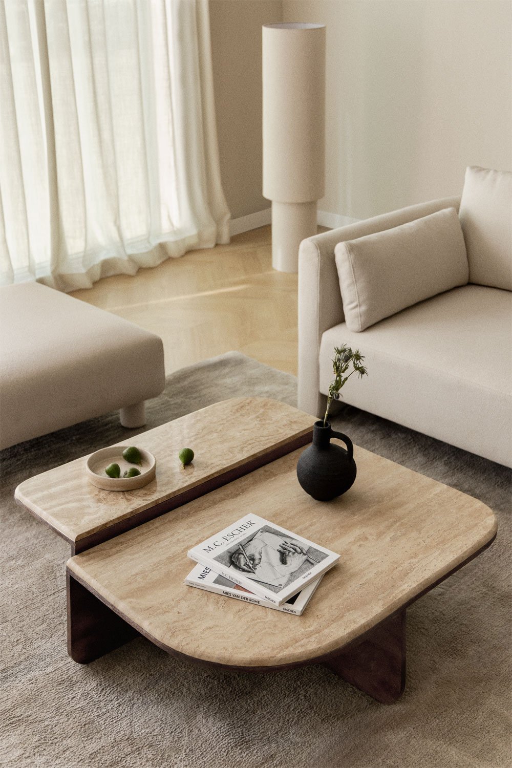 Tavolino da caffè 90x90 cm in pietra naturale e legno di mango Clotsh