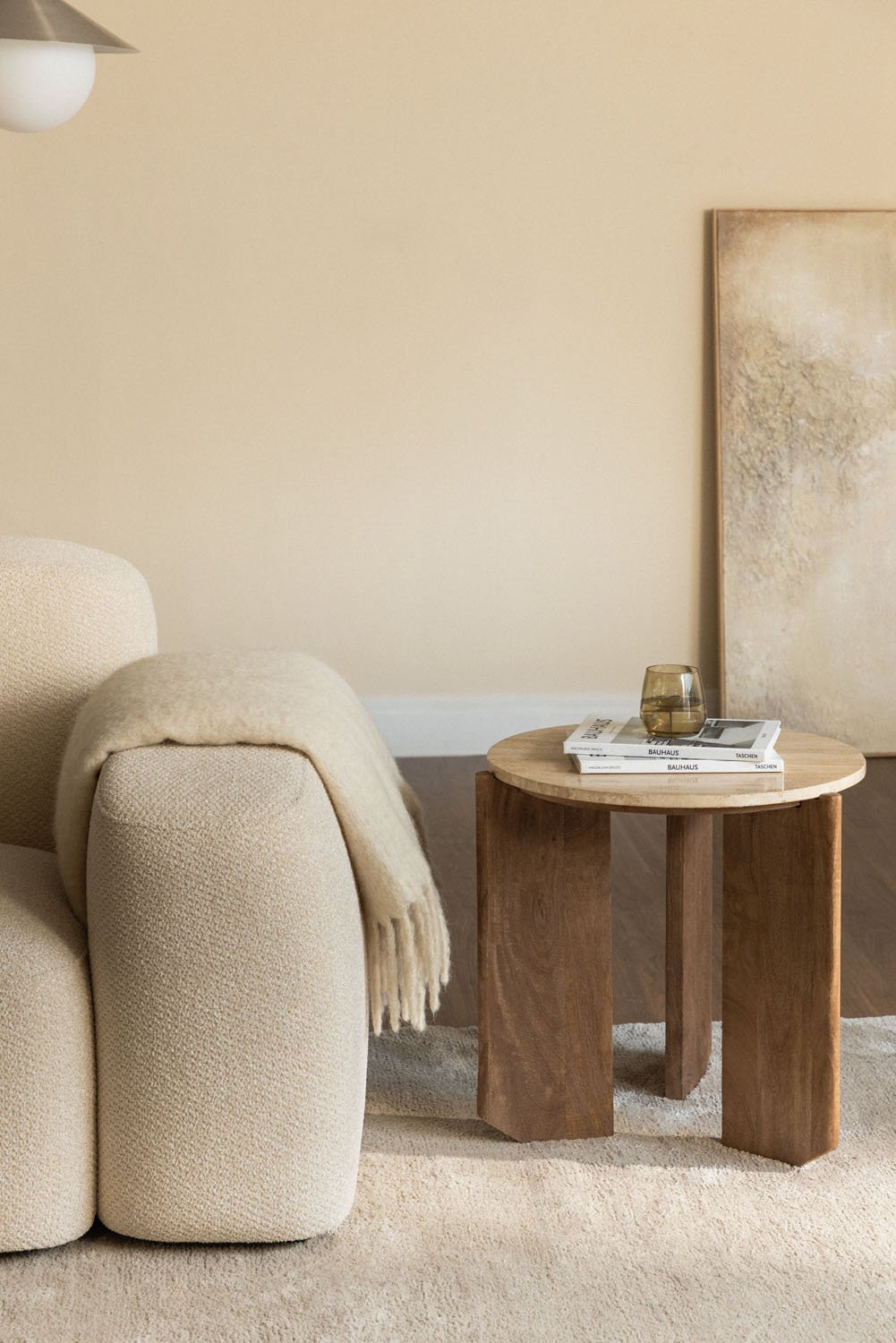 Tavolino rotondo Lavinia Ø50 cm in pietra naturale e legno di mango