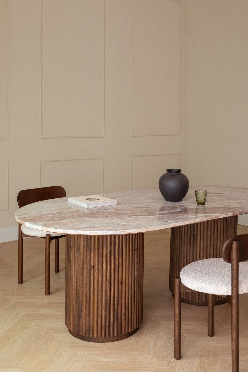 Tavolo da pranzo ovale 200x100 cm in marmo e legno di mango Giselda