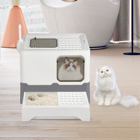 Haloyo Cassetta igienica per gatti, toilette per gatti chiusa grande pieghevole con Coperchio,con pala Vassoio Estraibile,bianco grigio