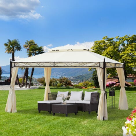 Outsunny Gazebo da Giardino 3x4m con 4 Tende Laterali e Doppio Tetto Crema