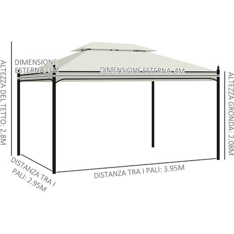 Outsunny Gazebo da Giardino 3x4m con 4 Tende Laterali e Doppio Tetto Crema