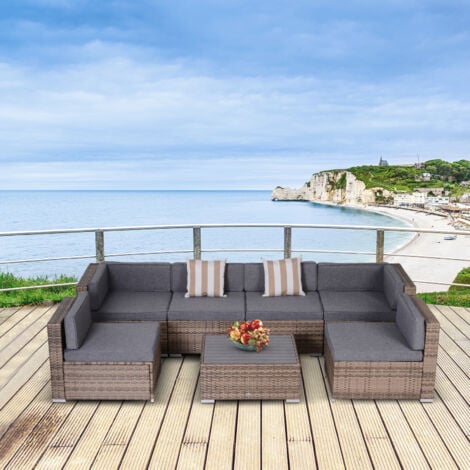 Outsunny Salotto da Giardino in Rattan da 7 Pezzi con Tavolino e Divano, Grigio