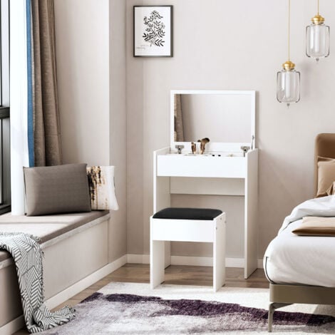 HOMCOM Tavolo Trucco Bianco con Sgabello Specchio e Contenitore 60.2 x 40.2 x 79