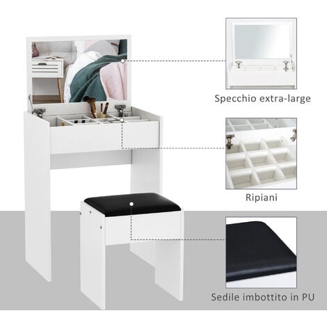 HOMCOM Tavolo Trucco Bianco con Sgabello Specchio e Contenitore 60.2 x 40.2 x 79