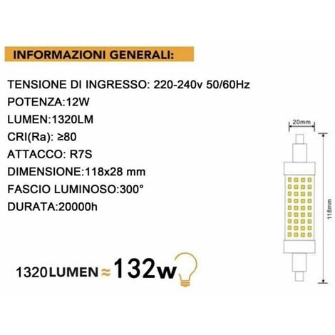 Lampadina Led Luce Naturale Attacco R7s 12 Watt Lampada Ricambio Per Faro 4000k