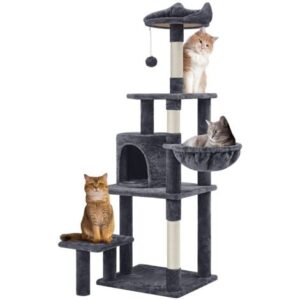 Yaheetech Albero Tiragraffi in Sisal Naturale e Truciolato 48,5 cm × 40,5 cm × 145 cm Torre per Gatti con Posatoio Gioco Condominio Scuro Grigio