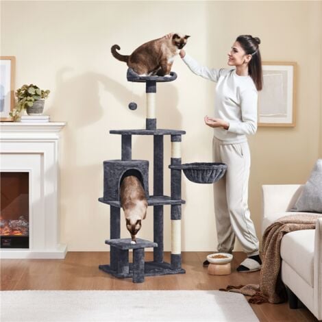 Yaheetech Albero Tiragraffi in Sisal Naturale e Truciolato 48,5 cm × 40,5 cm × 145 cm Torre per Gatti con Posatoio Gioco Condominio Scuro Grigio